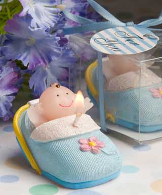 Gastgeschenk Kerze Baby im Schlafsack, blau - VE 12
